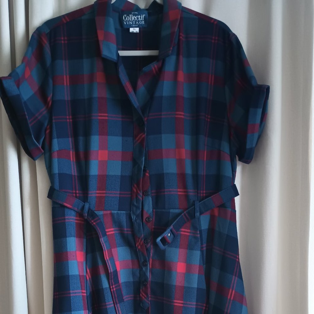 Collectif Caterina red and blue plaid swing dress size UK 18